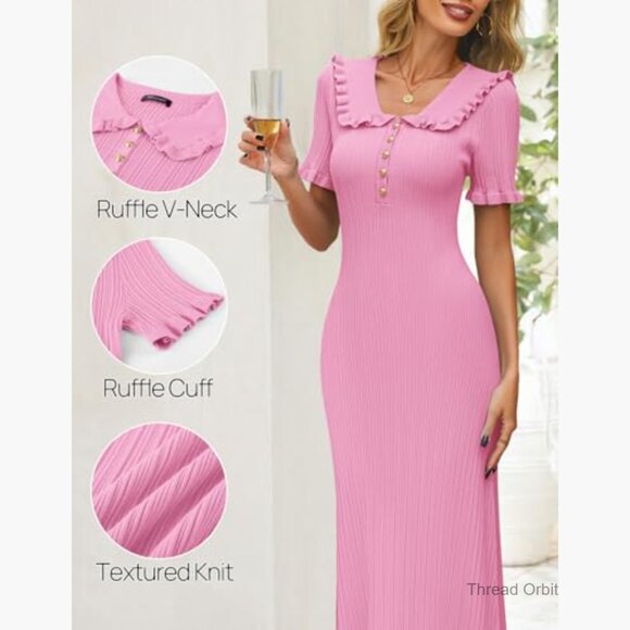 Ribbed Midi Bodycon Dress Ruffled V-Neck Button-Up Short Sleeve Knit - Picture 4 of 7